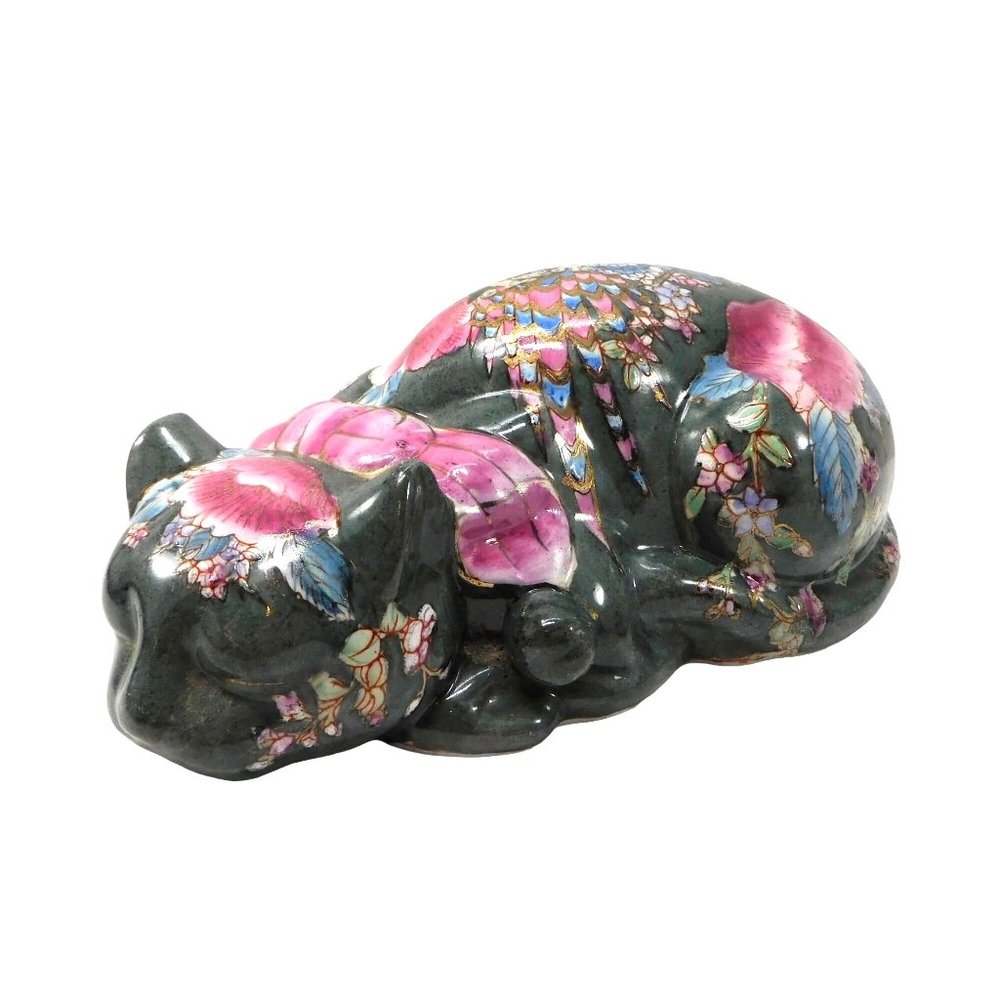 Vintage Green Sleeping Cat Figurine Pink Flowers Hand Painted 9.5"